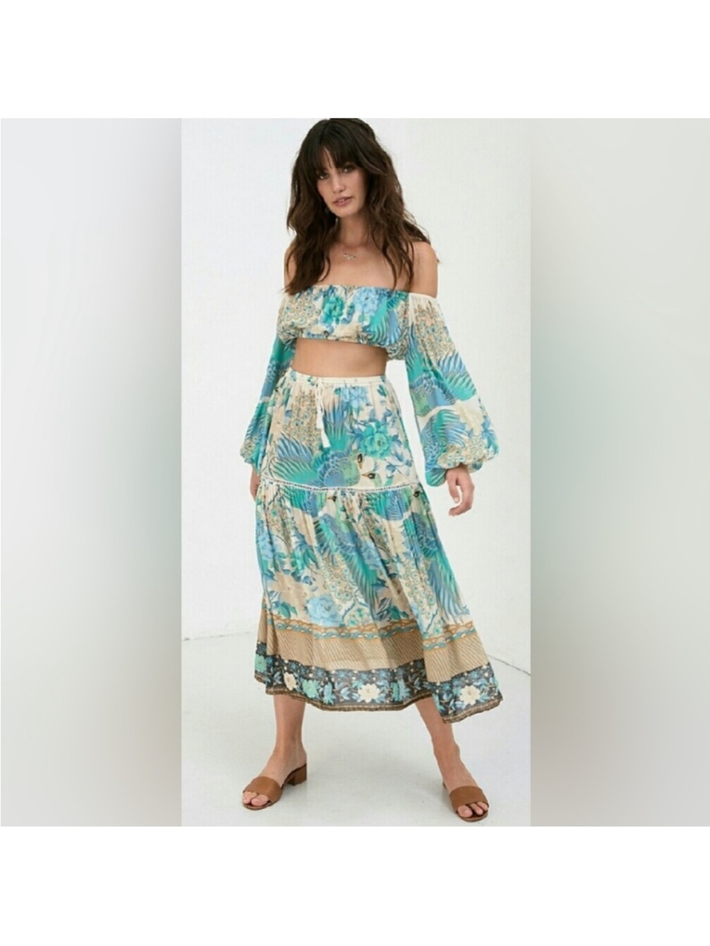 Spell Cloud Dancer Boho Floral Maxi Skirt in Teal and Cream